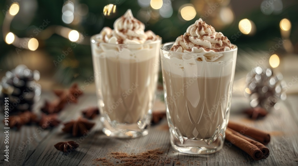 Two Glasses of Whipped Coffee with Cinnamon and Star Anise on Wooden Table Two Glasses of Whipped Coffee with Cinnamon and Star Anise on Wooden Table