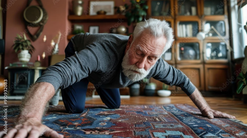 A senior man performs stretching exercises on a rug in a warm and inviting living room