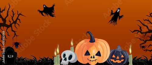 Halloween pumpkins with a spooky landscape in the background, gnarled trees, bats, ghosts, a gravestone and candles.