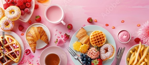 A pink background image featuring a Valentine s Day brunch menu with a variety of breakfast and lunch items like waffles croissants muffins donuts berries fries scrambled eggs and pancakes Include co photo