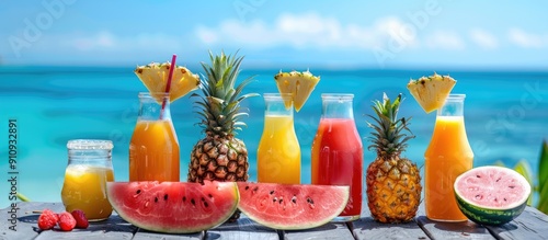 A vibrant and fresh assortment of healthy fruit juices like pineapple and watermelon set against a sea backdrop evokes summer relaxation and a healthy lifestyle with ample copy space for text photo