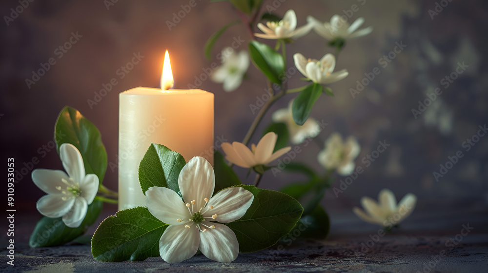 Candle and jasmen flower Condolence card ai generative