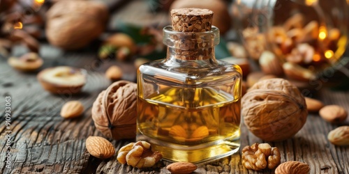 Glass bottle of walnut oil surrounded by various nuts on rustic wooden surface. Concepts of healthy eating, natural ingredients, and culinary uses.