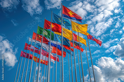 Multiple flags from various nations wave on tall poles against a vibrant blue sky, representing international unity and diversity under a bright and clear day, symbolic of global harmony. photo