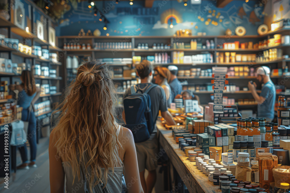 Fototapeta premium People browsing through a vibrant store filled with various items, creating a lively atmosphere with shelves lined with products and a colorful backdrop.