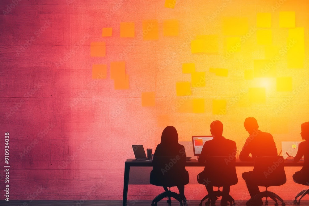 Silhouetted professionals collaborating in a modern workspace, enhanced by colorful background and warm lighting. Silhouetted professionals collaborating in a modern workspace, enhanced by colorful background and warm lighting.