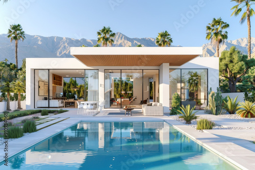 Wallpaper Mural Modern Small House with Pool and Outdoor Fireplace in Desert, Palm Trees and Mountains in Background, White Walls, Wood Details, Photorealistic Rendering Torontodigital.ca
