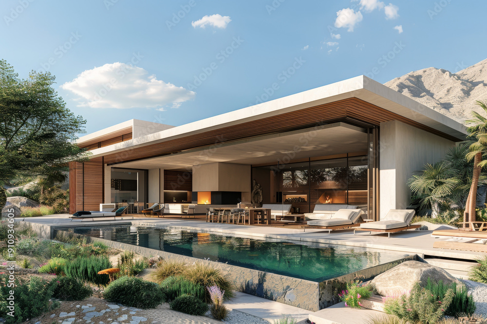 Fototapeta premium Modern Small House with Pool and Outdoor Fireplace in Desert, Palm Trees and Mountains in Background, White Walls, Wood Details, Photorealistic Rendering