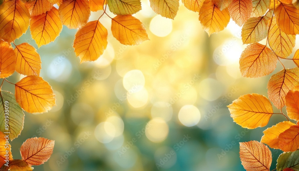 Autumn leaves on a tree branch with warm sunlight shining through them beautifully Autumn leaves on a tree branch with warm sunlight shining through them beautifully