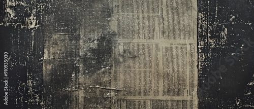 Overlay of faded newspaper print, on black background, Generative AI