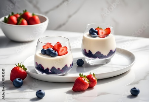 Fresh fruit dessert served in a glass bowl, perfect for a healthy and light snack. Colorful pieces of seasonal fruits are carefully arranged