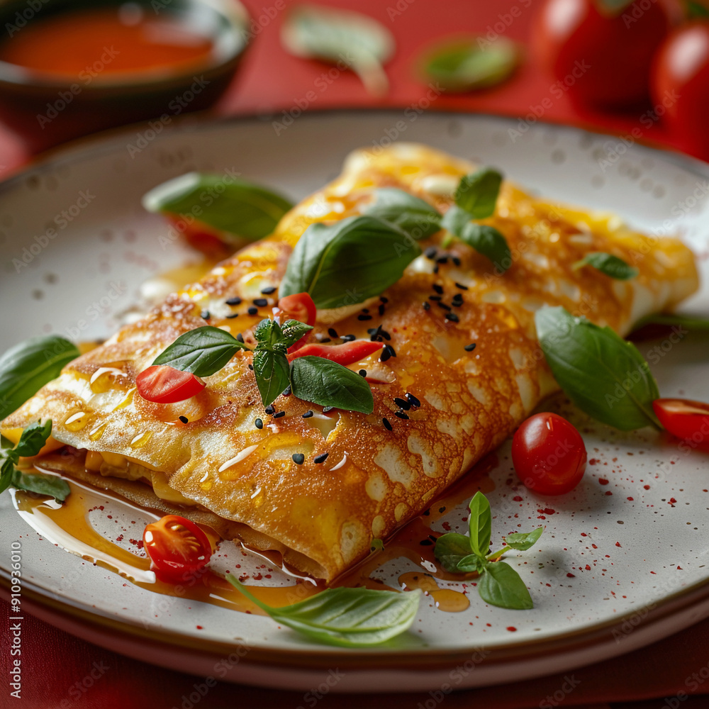 Stuffed Crispy Egg Crepe on a White Dish A Gourmet Delight Stuffed Crispy Egg Crepe on a White Dish A Gourmet Delight