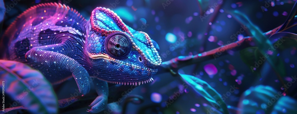Un caméléon exotique, sa peau représentant des motifs complexes dans les tons colorés, image de bannière pour les médias sociaux. Un caméléon exotique, sa peau représentant des motifs complexes dans les tons colorés, image de bannière pour les médias sociaux.
