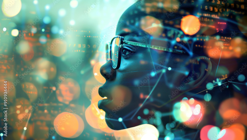 Double exposition du profil d'une femme afro-américaine avec du code numérique et des visualisations de données, symbolisant l'intersection entre l'innovation technologique et l'informatique.