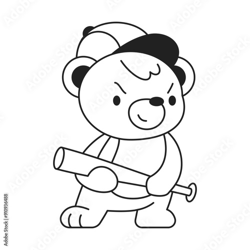 Y2k aggressive bear toy with baseball bat outline black tattoo icon vector flat illustration. Psychedelic teddy bully vandal cartoon character danger street hooligan criminal fighter t shirt print