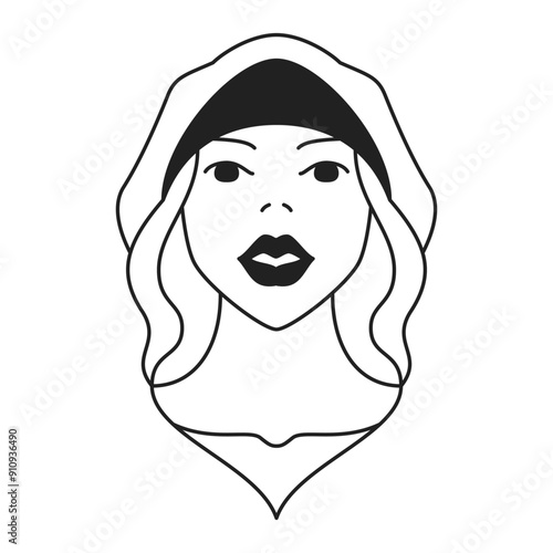 Y2k seductive woman nun portrait contemporary pop art outline icon vector flat illustration. Sensual glamour beautiful young female spiritual holy religious faith character tattoo t shirt print