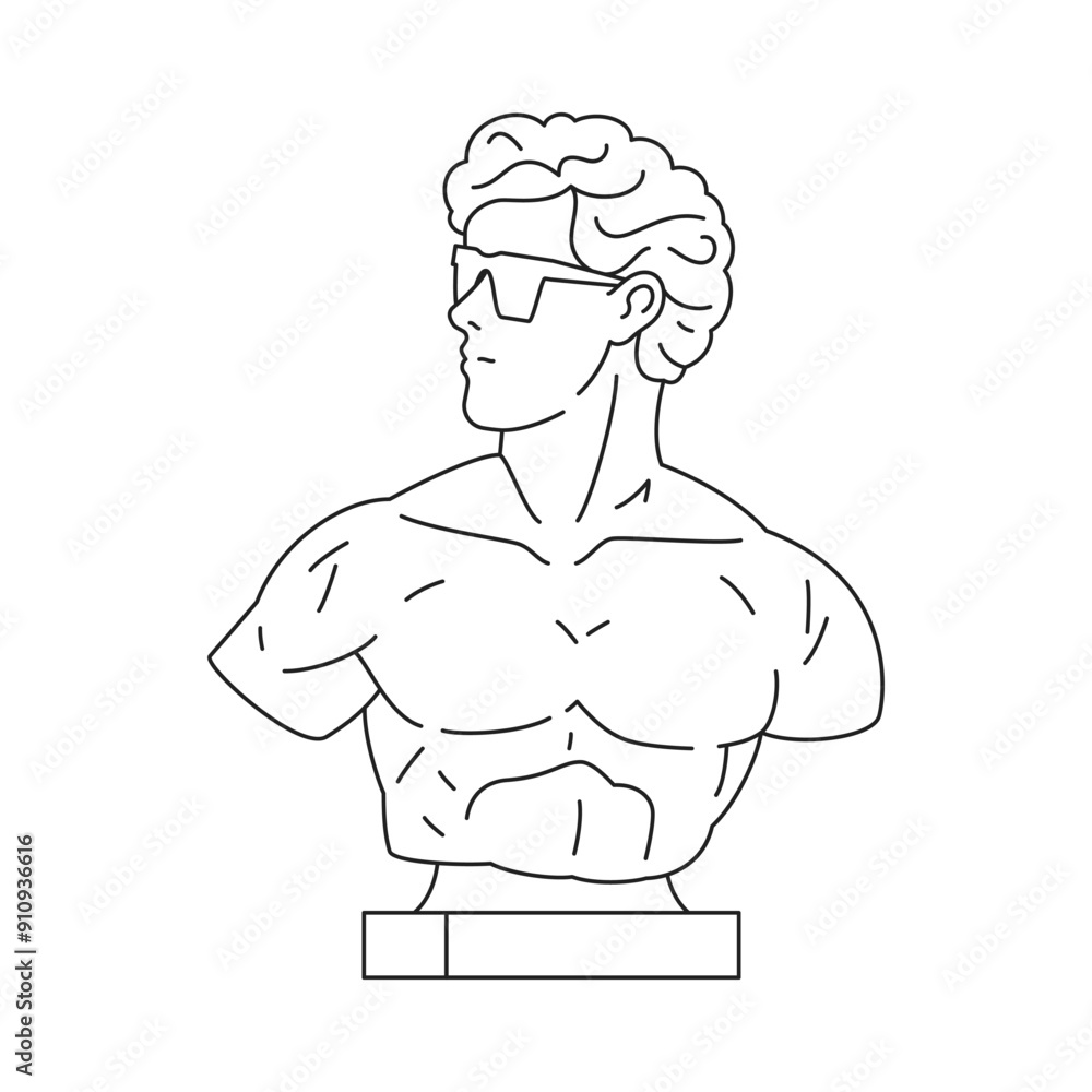 Obraz premium Y2k Greek man bust statue in sunglasses fashion contemporary pop art outline icon vector illustration. Antique Roman god gypsum monument vogue style psychedelic artwork monochrome t shirt print