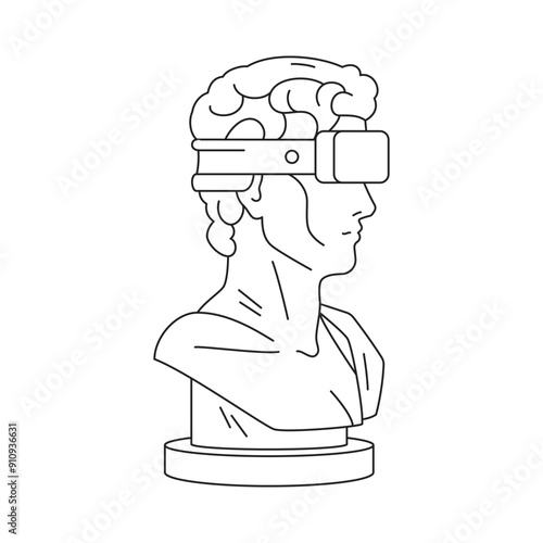 Y2k psychedelic Greek god bust in VR goggles contemporary pop art outline icon vector illustration. Antique Roman man head gypsum monument in virtual reality technology minimal t shirt print