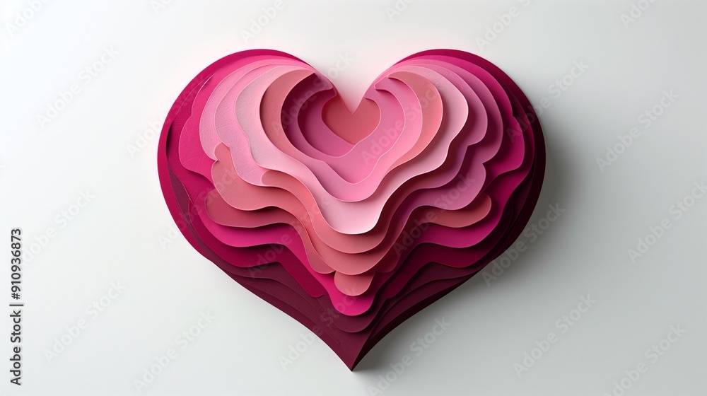 Heart images in layered paper cut style, white background, pink, red, maroon Heart images in layered paper cut style, white background, pink, red, maroon