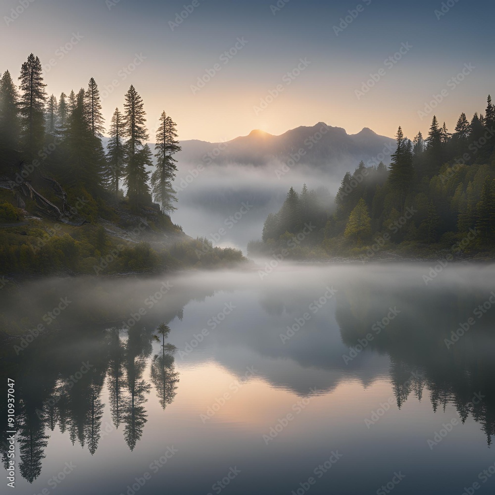 Fototapeta premium Whispers of Morning: Mist on a Tranquil Lake