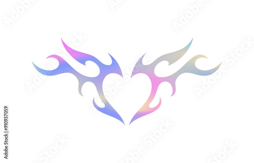 Y2k abstract fire burn heart neon gradient hologram icon vector flat illustration. Psychedelic metal spectrum surreal blazing flammable love amour romantic silhouette fancy t shirt print