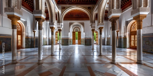 Islamic geometric patterns, historical mosque interior, detailed carvings, harmonious and symmetrical, culturally significant, Documentary Photography