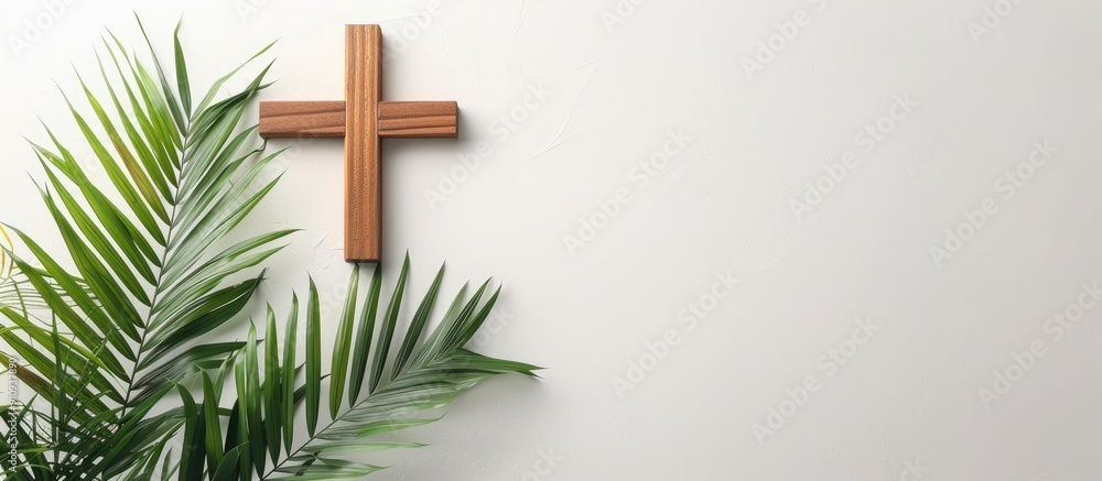 A wooden cross and palm fronds typically employed by Catholic Christians for Palm Sunday set against a white backdrop with available copy space image A wooden cross and palm fronds typically employed by Catholic Christians for Palm Sunday set against a white backdrop with available copy space image