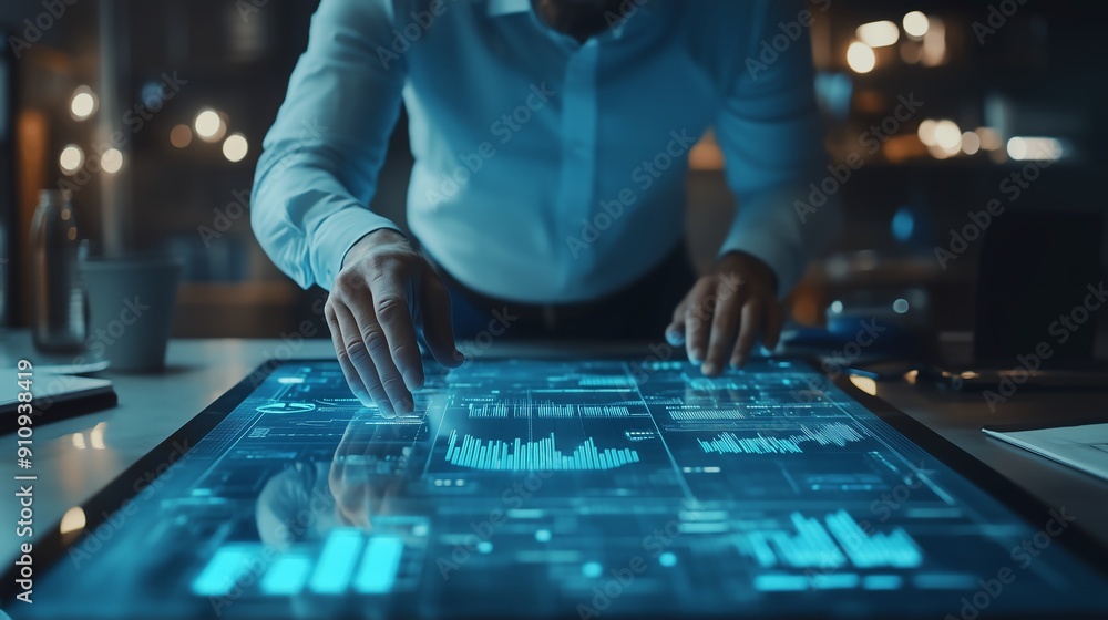 usiness target growth man in office using virtual touch screen to show growing graphic chart usiness target growth man in office using virtual touch screen to show growing graphic chart