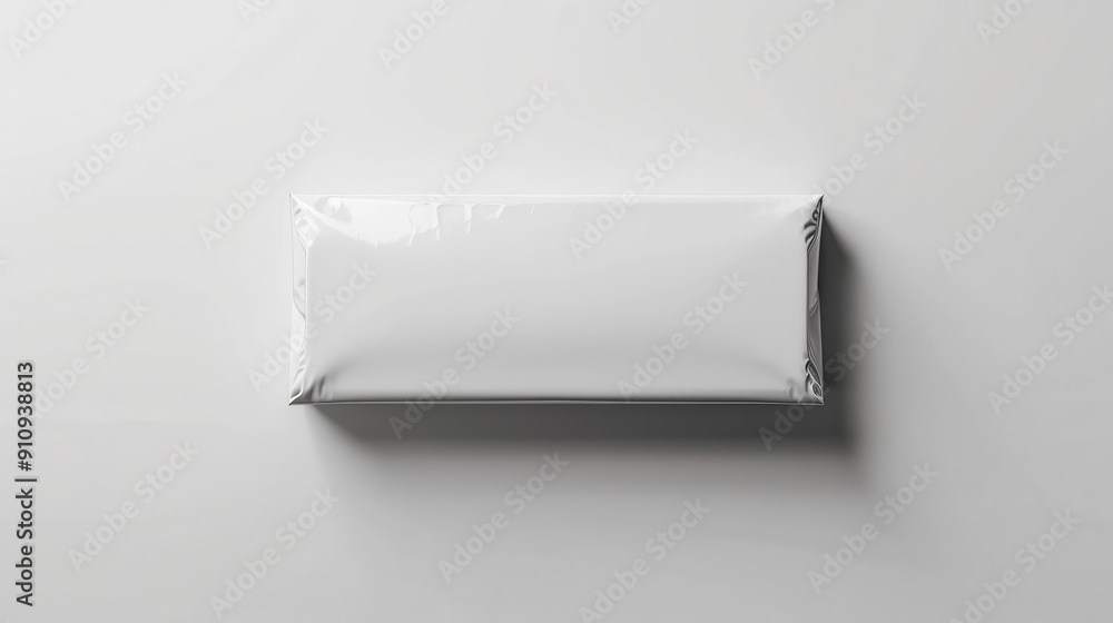 A photorealistic image of a blank snack package, smooth and glossy surface, centered on a minimalist background A photorealistic image of a blank snack package, smooth and glossy surface, centered on a minimalist background