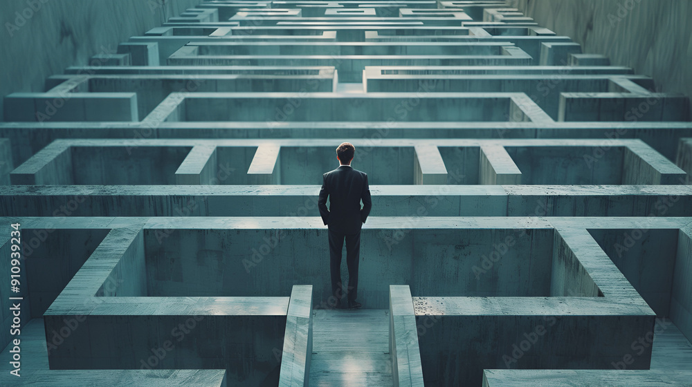Businessman standing in middle of a maze looking for the right way out , problems and solutions ai generative Businessman standing in middle of a maze looking for the right way out , problems and solutions ai generative