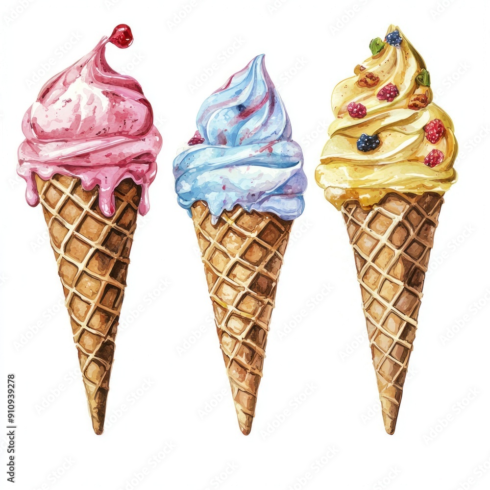 Three ice cream cones with different flavors on white background Generative AI Three ice cream cones with different flavors on white background Generative AI
