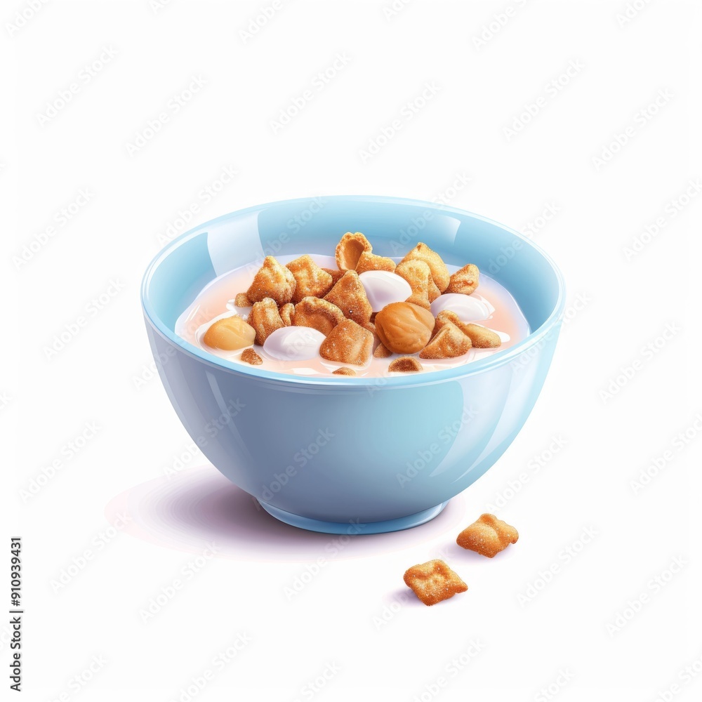 A bowl of cereal with milk, depicted in a digital painting style with soft colors, isolated on a white background, representing a classic breakfast item. A bowl of cereal with milk, depicted in a digital painting style with soft colors, isolated on a white background, representing a classic breakfast item.