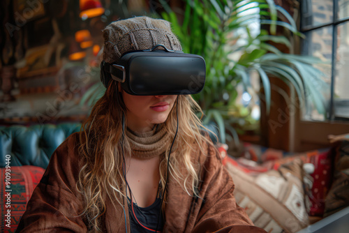 A person using a VR headset in a cozy indoor setting filled with plants and natural light, showcasing the blend of advanced technology with a comfortable and inviting atmosphere.