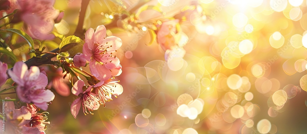 Background for spring showcasing spring flowers blossom in soft focus with sunlight A lovely nature scene featuring a blooming tree and sun flare ideal as a copy space image Background for spring showcasing spring flowers blossom in soft focus with sunlight A lovely nature scene featuring a blooming tree and sun flare ideal as a copy space image
