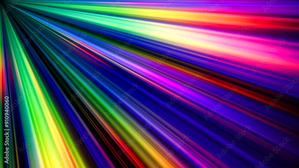 Rainbow gradient dispersion glowing rays and flare effects on dark background. Dynamic design with colorful flowing vibrant radiant beams for creative poster, banner or cover. Vector illustration Rainbow gradient dispersion glowing rays and flare effects on dark background. Dynamic design with colorful flowing vibrant radiant beams for creative poster, banner or cover. Vector illustration