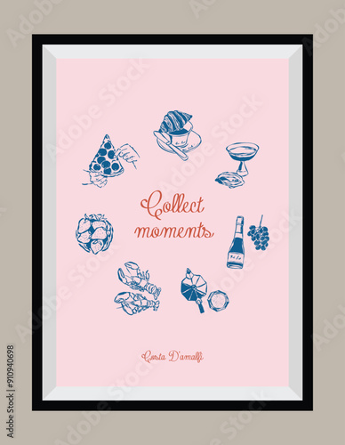 Minimal hand drawn vector dolce vita illustration with aesthetic quote in a poster frame. Art for greeting cards, wedding invitations, postcards, branding, logo design. Matisse style illustrations.	