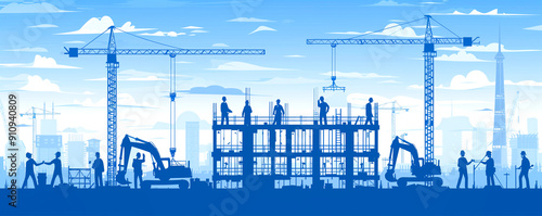 Wallpaper Mural A construction site with a group of workers and a crane. Scene is busy and active Torontodigital.ca