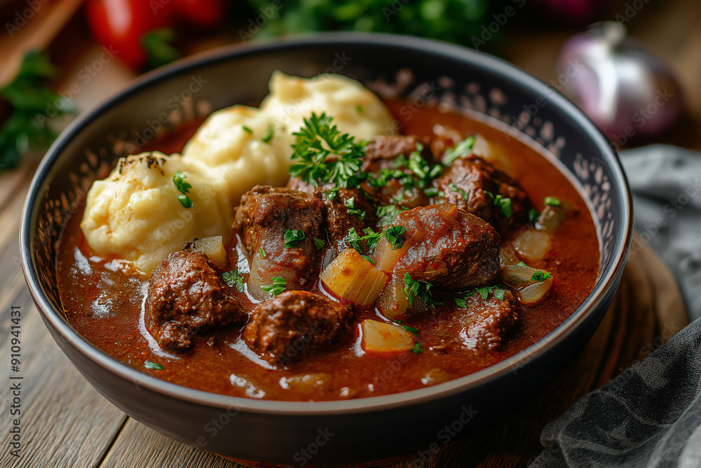 Český Guláš, a traditional Czech goulash crafted with tender beef chunks, onions, garlic, and a robust paprika sauce