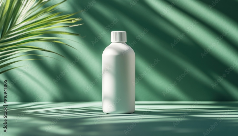 A white bottle is currently resting on a vibrant green table adjacent to a palm tree A white bottle is currently resting on a vibrant green table adjacent to a palm tree