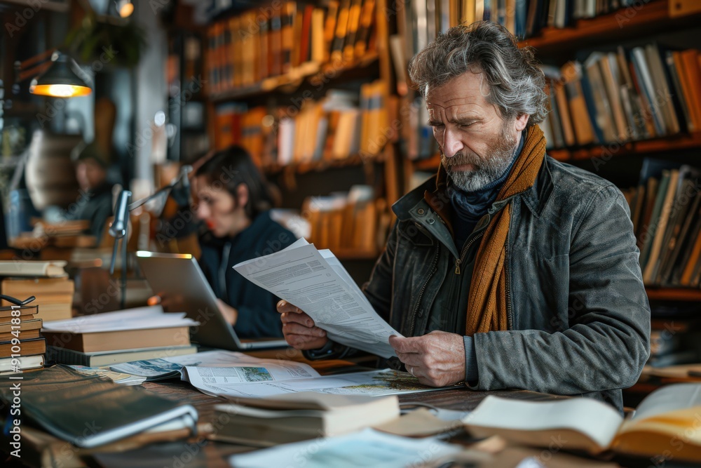 A man dressed in casual attire reads documents within a cozy library, emphasizing concentration and the warmth of indoor scholarly activities, with books in the background. A man dressed in casual attire reads documents within a cozy library, emphasizing concentration and the warmth of indoor scholarly activities, with books in the background.