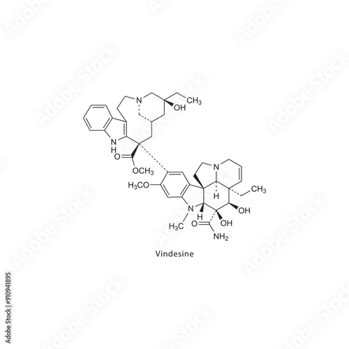 Vindesine flat skeletal molecular structure Antineoplastic drug used in cancer treatment. Vector illustration scientific diagram.