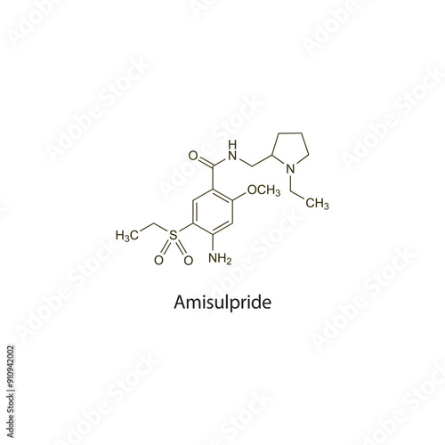 Amisulpride flat skeletal molecular structure Antipsychotic drug used in schizophrenia treatment. Vector illustration scientific diagram.
