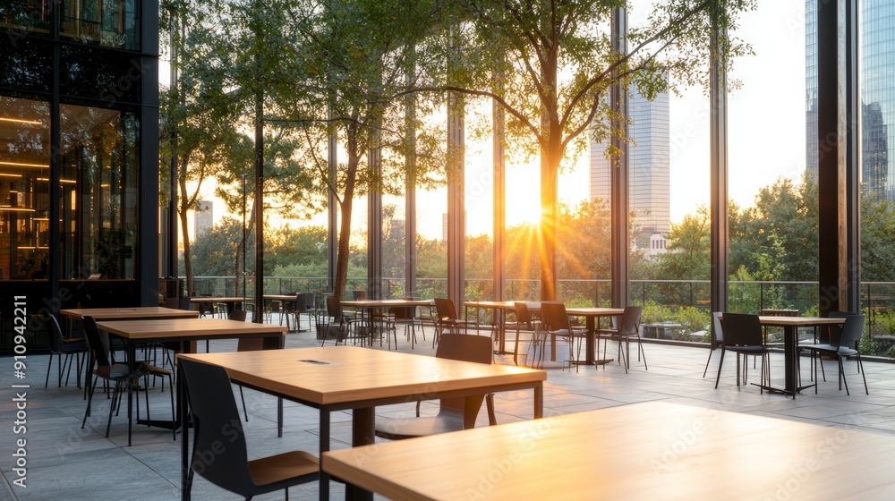 Fototapeta premium Sunlit dining area featuring modern tables and lush greenery, perfect for a tranquil dining experience in an urban setting.