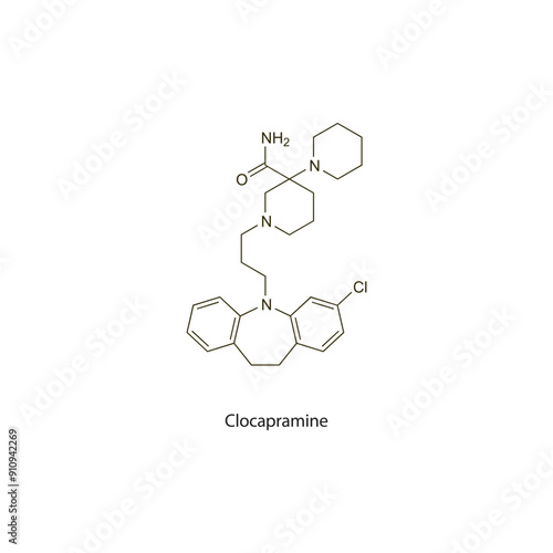 Clocapramine flat skeletal molecular structure Antipsychotic drug used in schizophrenia treatment. Vector illustration scientific diagram.