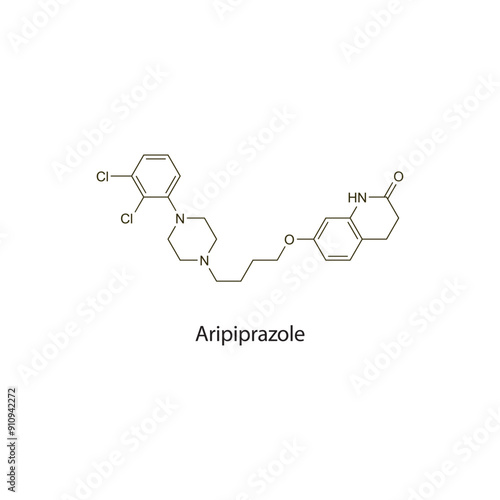 Aripiprazole flat skeletal molecular structure Antipsychotic drug used in schizophrenia, bipolar mania treatment. Vector illustration scientific diagram.