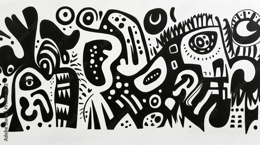 Obraz premium Fun and playful abstract doodles on paper, black magic marker, flat scan for crisp detail, white background