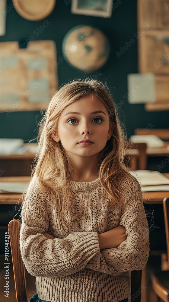 A young girl sitting at a table with her arms crossed A young girl sitting at a table with her arms crossed