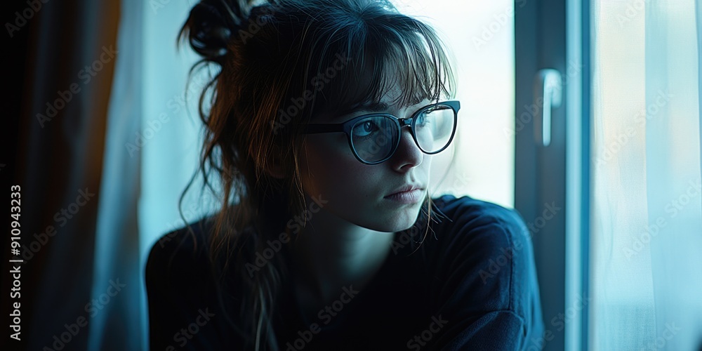 Woman with glasses gazing out window Woman with glasses gazing out window