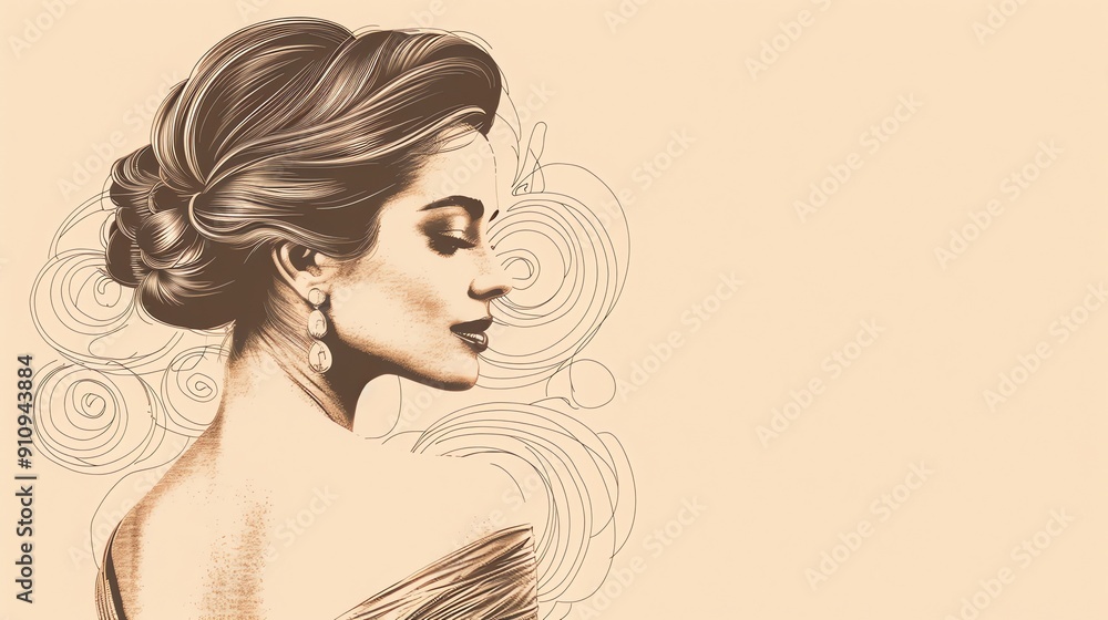 A woman with her hair in a bun and wearing earrings looks to the side. A woman with her hair in a bun and wearing earrings looks to the side.