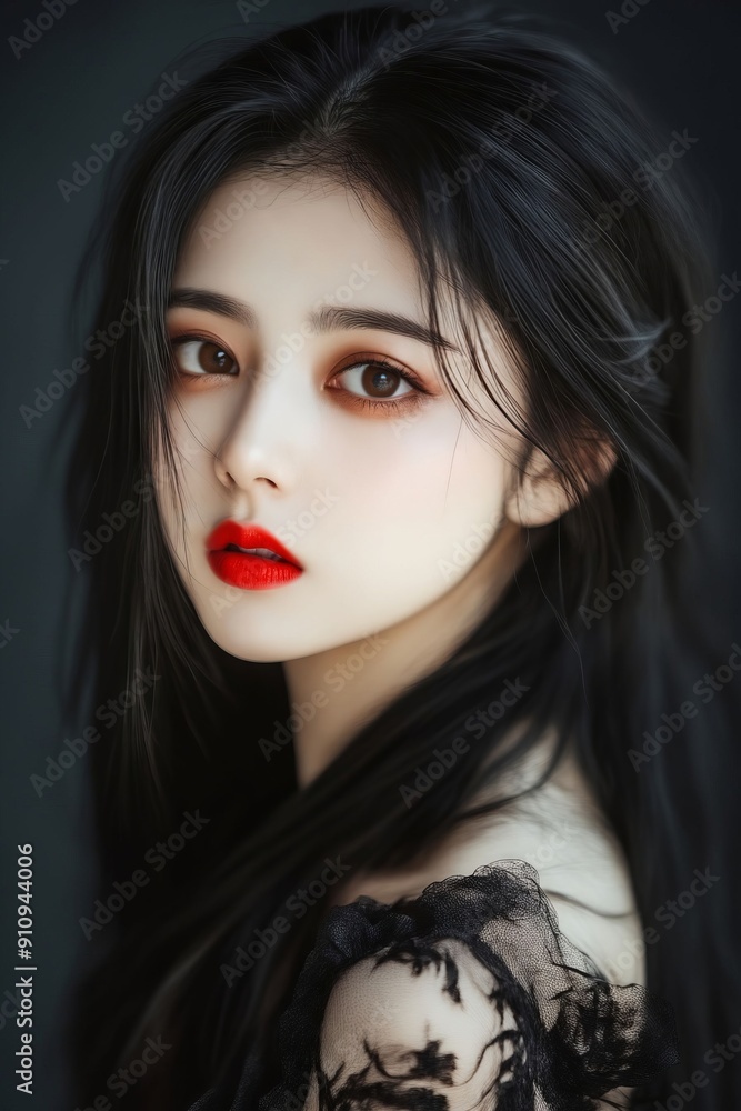 A woman with long black hair and red lipstick A woman with long black hair and red lipstick